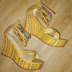 Wedge heel platform sandal beaded ankle boho spring Size 8.5 - 9